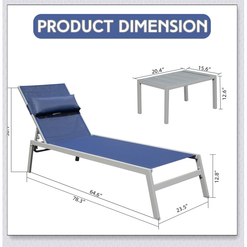 Patio Chaise Lounge Set of 3, Aluminum Pool Lounge Chairs with Side Table, Adjustable Recliner, Blue