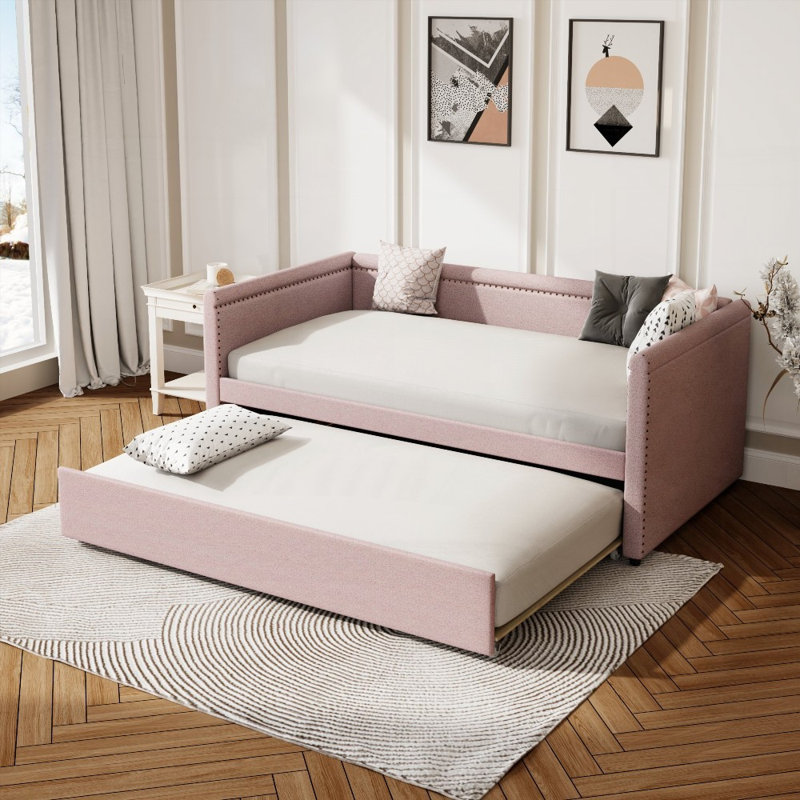 Lit de jour moderne tapissier avec couchette - Aucun sommier requis, support solide, Rose