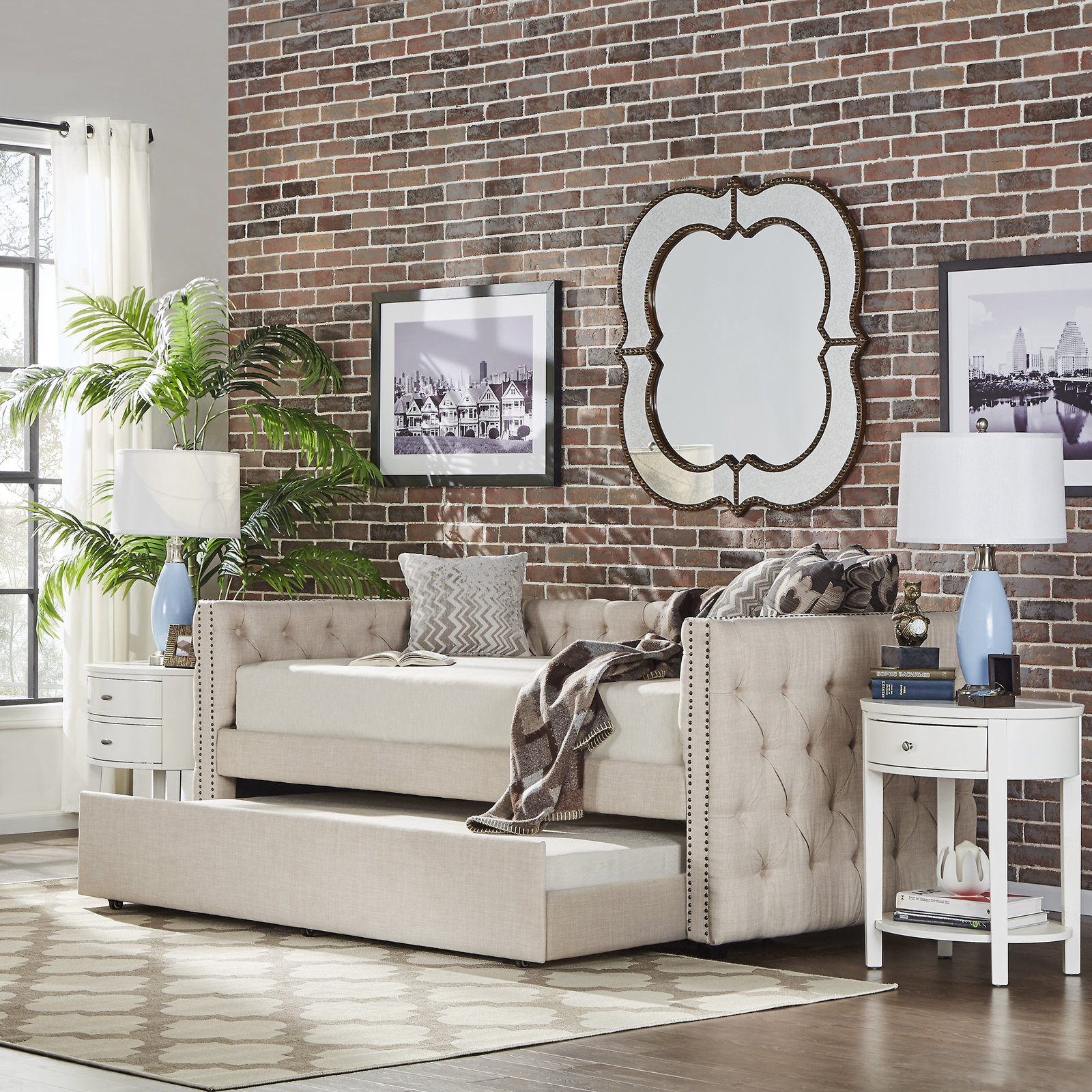 Upholstered Daybed with Trundle, Beige, Twin