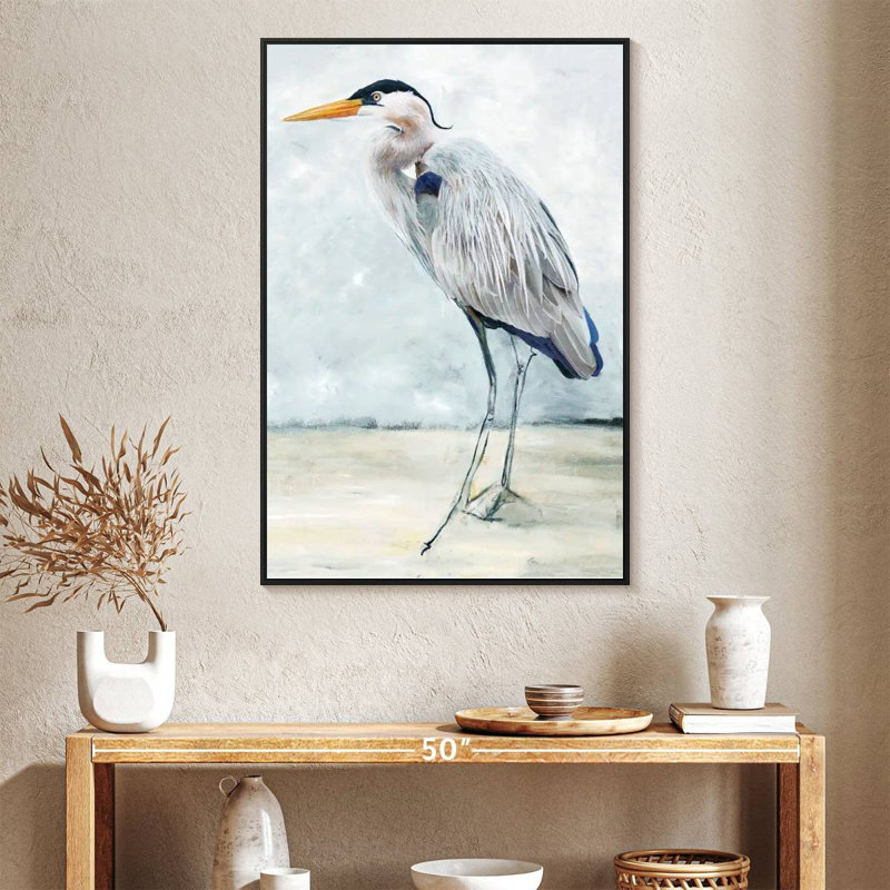 Héron bleu plage I, Cadre flottant noir, 27 po x 40 po