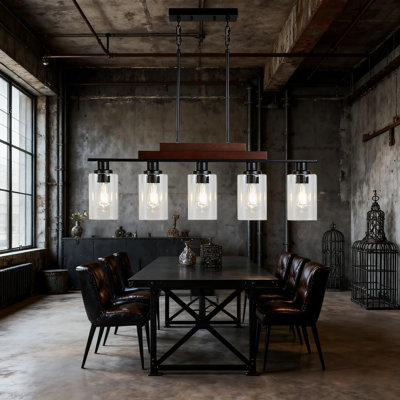 Luminaire suspendu linéaire à 5 lumières, îlot de cuisine de style campagnard avec tiges de suspension réglables et abat-jour en verre transparent pour salle à manger