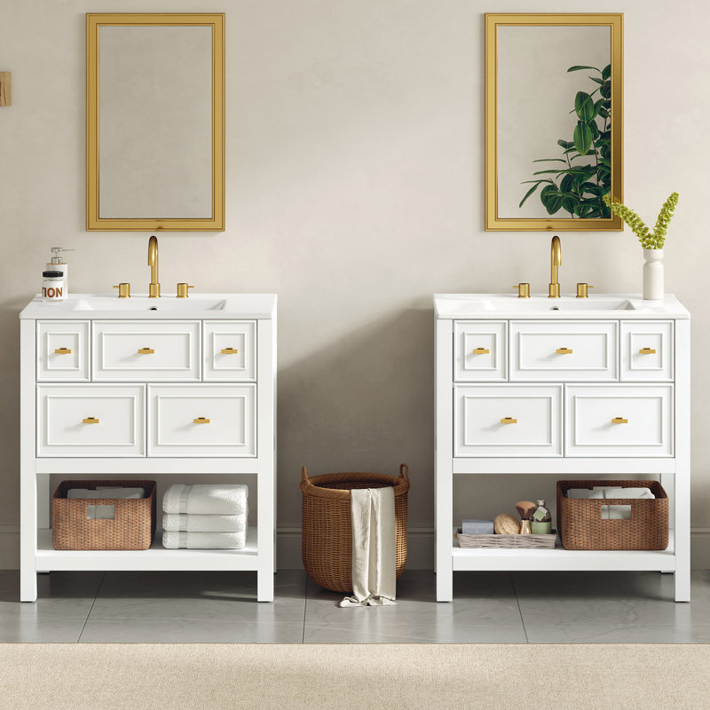 Ensemble de meuble-lavabo 60 po avec lavabo en céramique (séparé), ensemble de meuble-lavabo sur pied simple avec tiroirs, armoire de rangement en bois massif