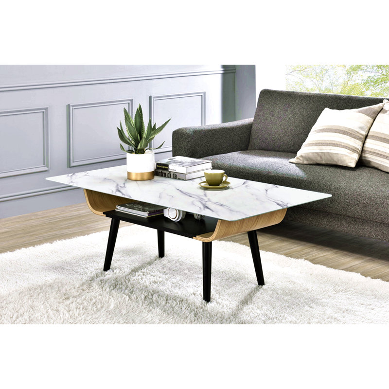Table basse Lorenzo de 47 po avec plateau en verre marbré blanc et bois cintré