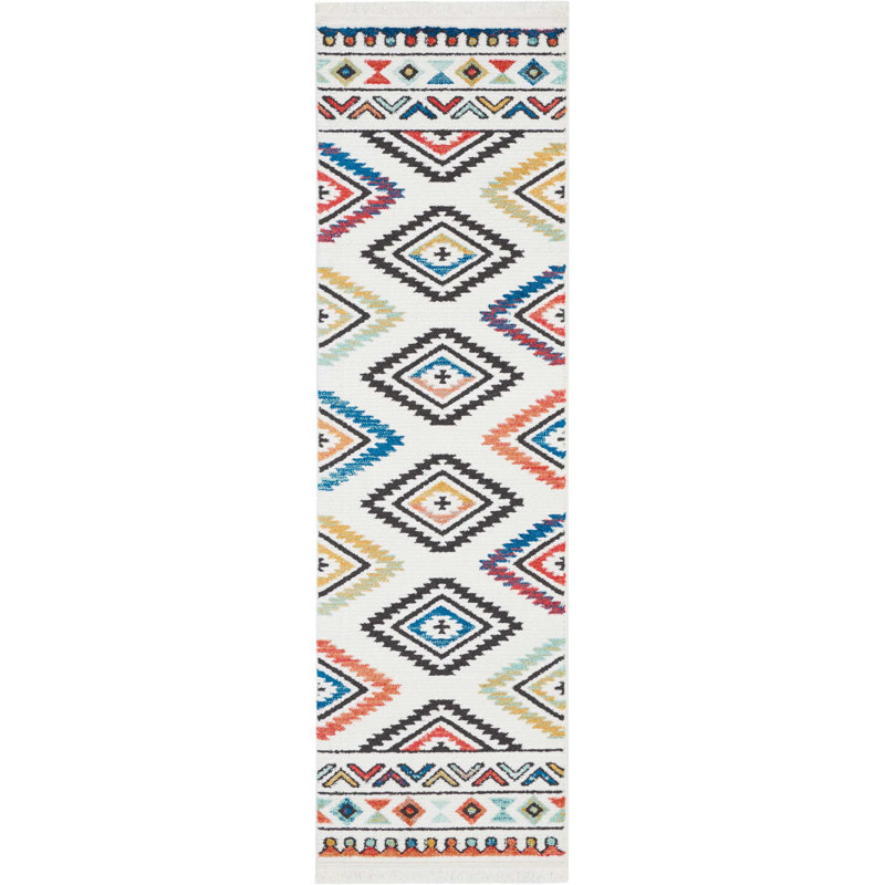 Tapis blanc tissé à la machine Southwestern, Tapis de couloir 2 pi 2 po x 7 pi 9 po