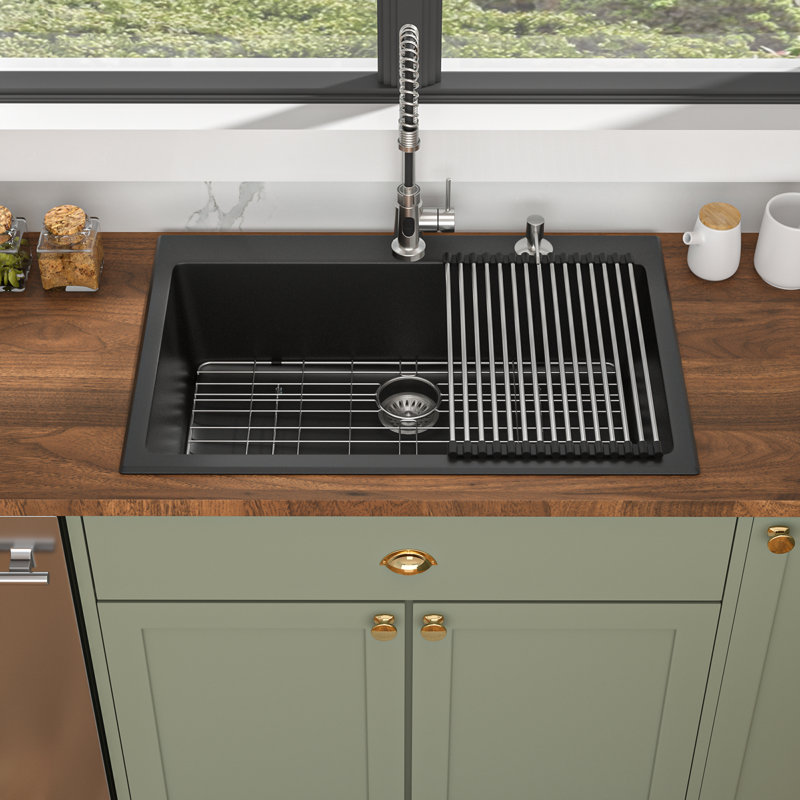 Évier de cuisine à simple cuve en composite de granit à deux cuves de comptoir à quartz avec trous de robinet L 33 po x l 22 po Quartz