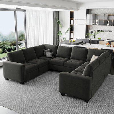 Shavera Velvet Large U-Shaped Sectional Couch Convertible Oversized Sofa Bed Sleeper