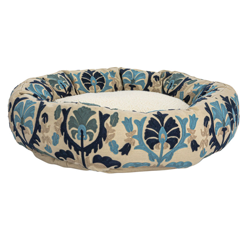 Lit rond rond en coton et sherpa avec housse amovible, Bleu / gris