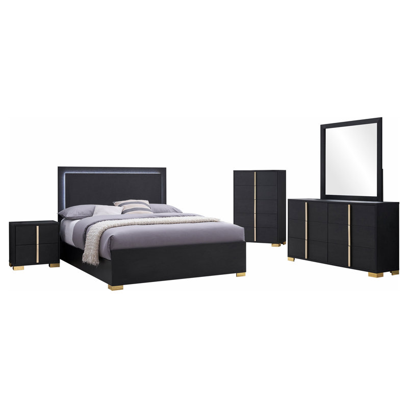 Sabrielle Manufactured Wood Bedroom Set, Black, Full / Double, 5 Pcs: Bed, Nightstand, 2 Dressers, Mirror