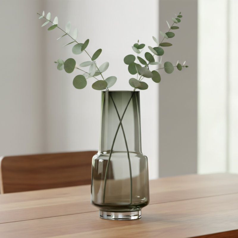 Obsidian Mist 11" Modern Black Glass Vase, 11"H x 5"W x 5"D