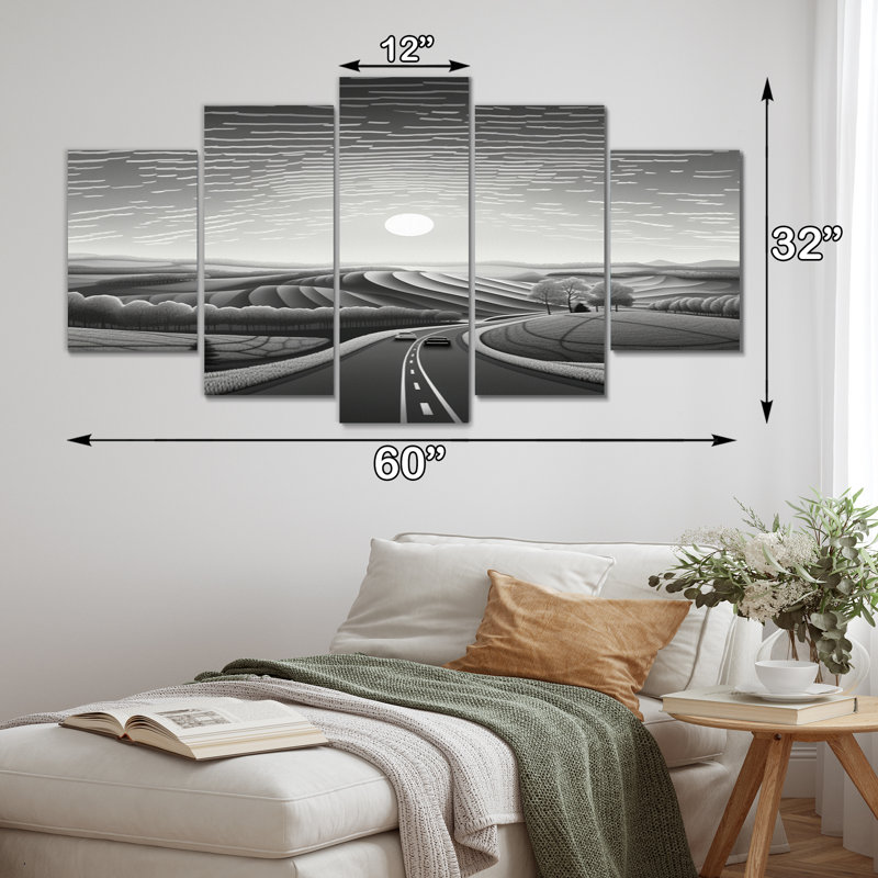 Monochromes route par le pays III - décoration murale moderne - 5 panneaux
