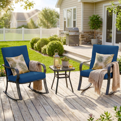 Ensemble de chaises berçantes d'extérieur 3 pièces avec table basse et coussins en verre