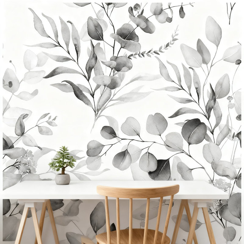 Papier peint adhésif à motif de feuilles d'eucalyptus Boho, noir / gris / blanc, 17,7 po x 32,8 pi, imperméable, amovible, fini mat texturé