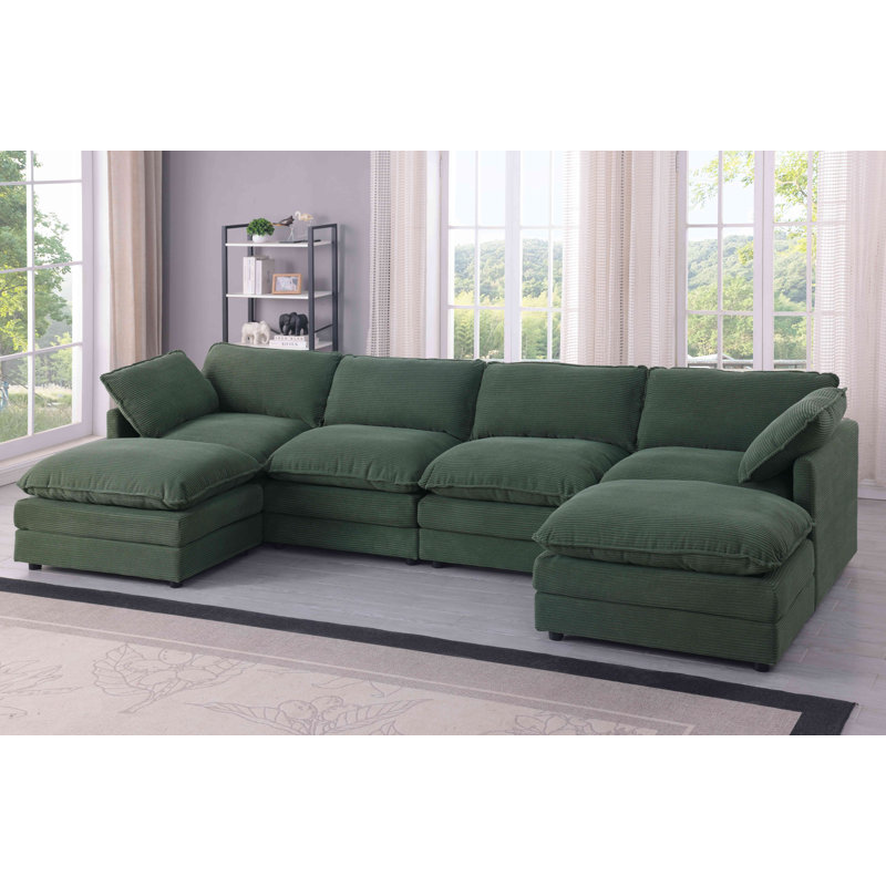 6 - Piece U Shape Sectional Sofa Cloud Couch With Removable Ottomans, Green Corduroy