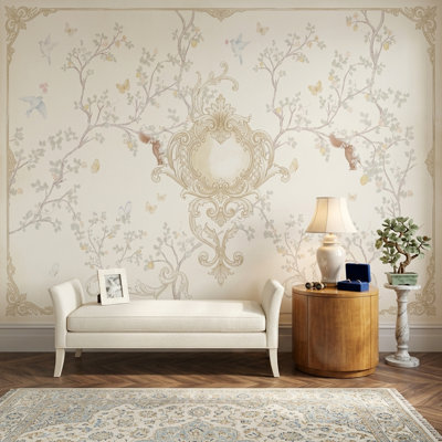 Cream Background Wallpaper Ornate Medallion Removable Vintage Classic Wall Decor