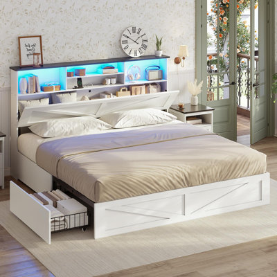 Farmhouse Bed Frame with Bookcase Headboard & 4 Storage Drawers - Rustic Wooden Platform Bed with LED Lights , No Box Spring Needed
