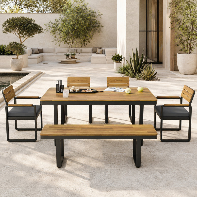Ensemble de salle à manger de patio 6 pièces avec table, chaises et banc, Grey
