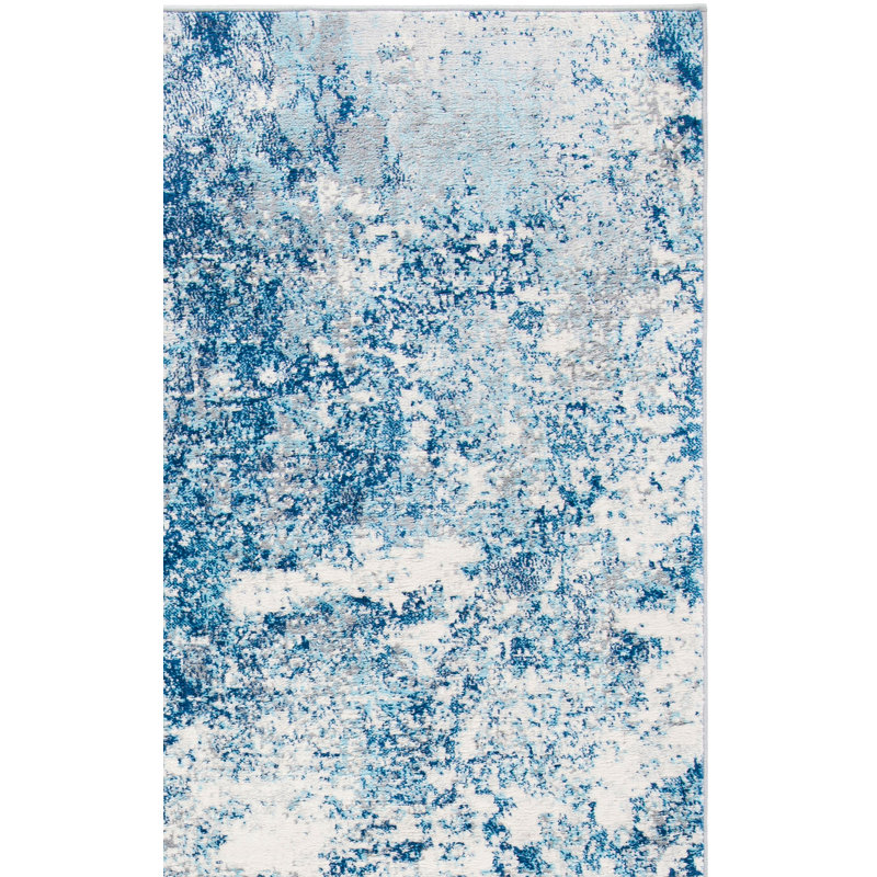Tapis abstrait gris clair / bleu N'Keal, Rectangle 2 pi x 4 pi, Navy/Ivory