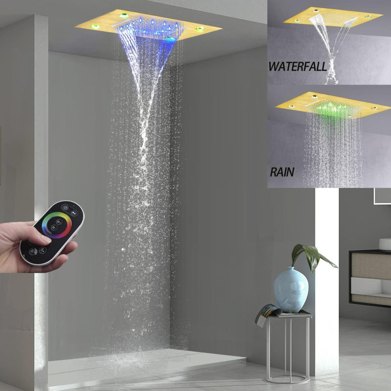 Nabiyy Brushed Gold Shower Head with LED Remote Controller Ceiling Mount 49cm*35cm, Gold