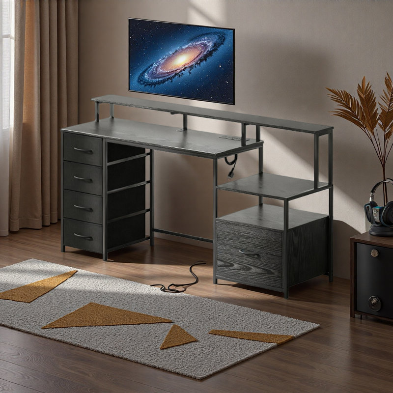 Computer Table With File Cabinet And Fabric Drawers,For Home And Office, Distressed Black/Black