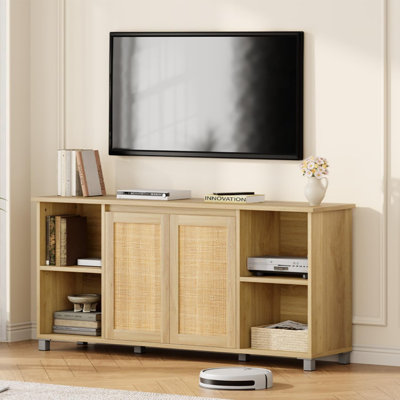 Mid-Century Modern TV Stand, 63" Boho Media Console with Rattan Cabinet Doors, Entertainment Center for 60 inch Television, TV Stands for Living Room/ by Bay Isle Home