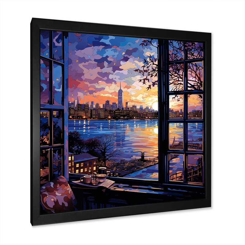 «Blue Nyc At Night Window View I - New York City», art mural, Cadre simple noir, H 16 po x l 16 po x P 1 po