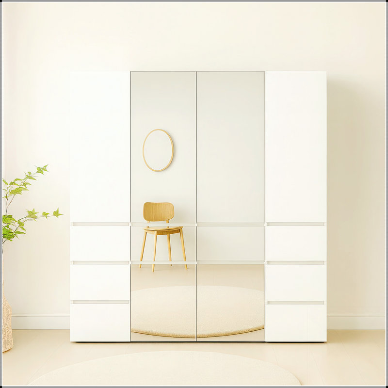 Elise Modular Wood Closet System With Mirror, Customizable Storage Solution For Efficient Organization And Space Utilization.