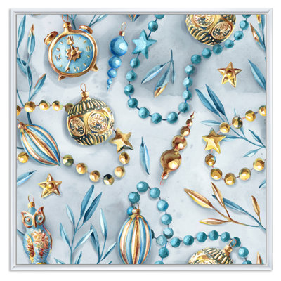 «Blue and Gold Christmas Tree Ornaments», reproduction d'art sur toile moderne