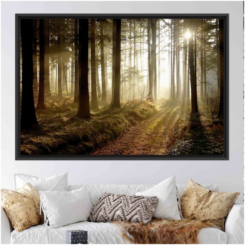 Forest Path at Sunset Canvas Art - Nature-Inspired Wall Decor, Framed Print without Mat, Black, 60 cm H x 90 cm W