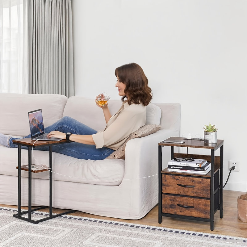 Modern Nightstand With Charging Station & Adjustable Fabric Drawer, 3-tier Storage End Table For Bedroom & Living Room, Brown