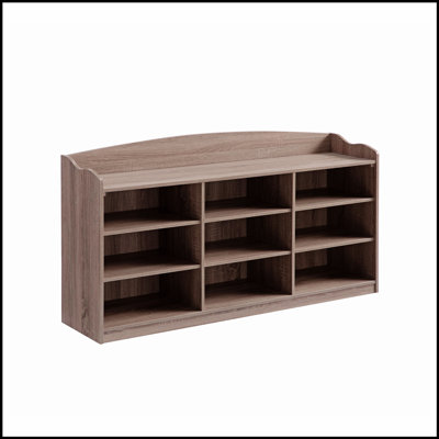 Wooden Shoe Storage Bench, Nine Storage Shelves, Entryway Organizer, Dark Taupe