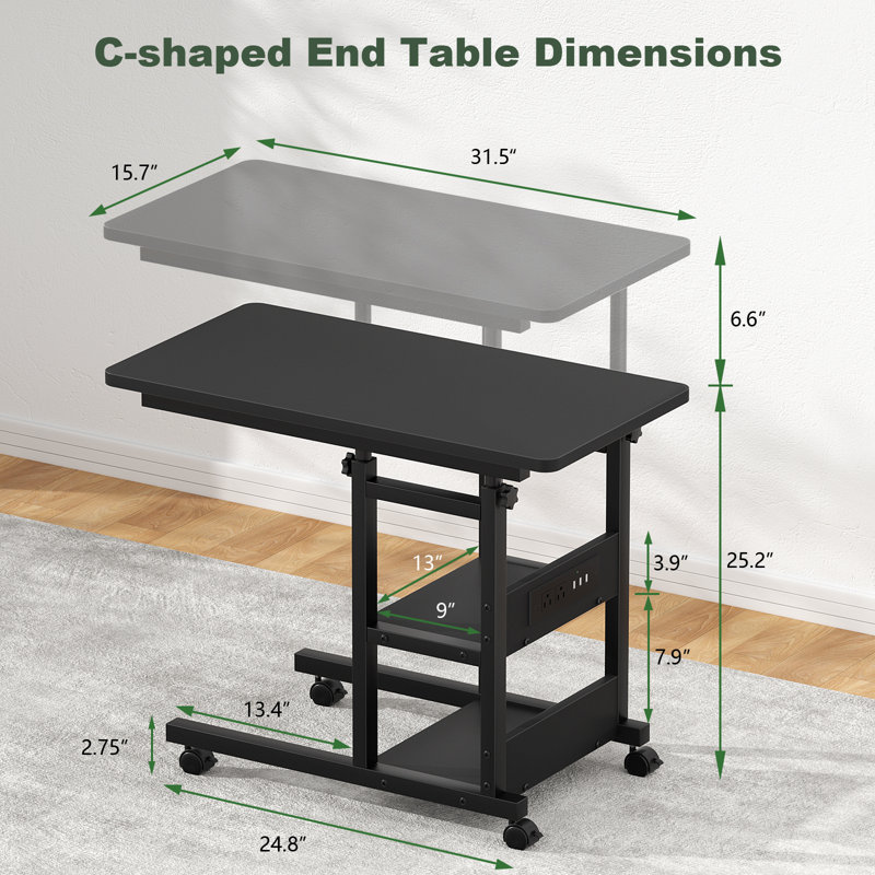 Height Adjustable C Table with USB Port and Wheels, Black