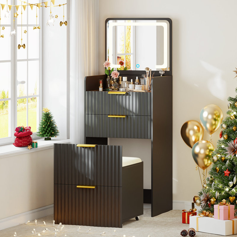 Morico Flip-Top Vanity Set with LED Mirror , Black