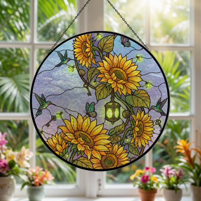 7.8"H Sunflower Garden Stained Glass Window Panel