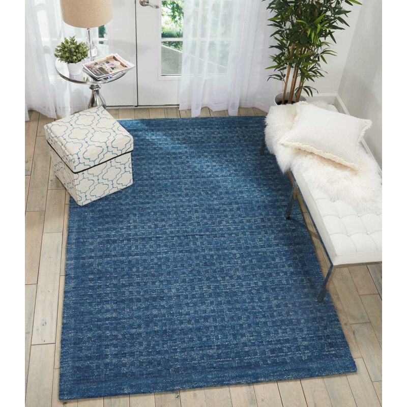 Tapis bleu en laine tissé à la main Gambrills, Rectangle 8 pi x 10 pi 6 po