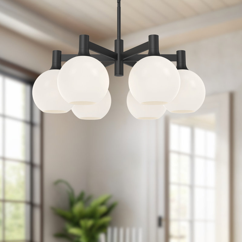 Lustre sphérique unique à 6 lumières Castilla, Noir mat, Opale matte