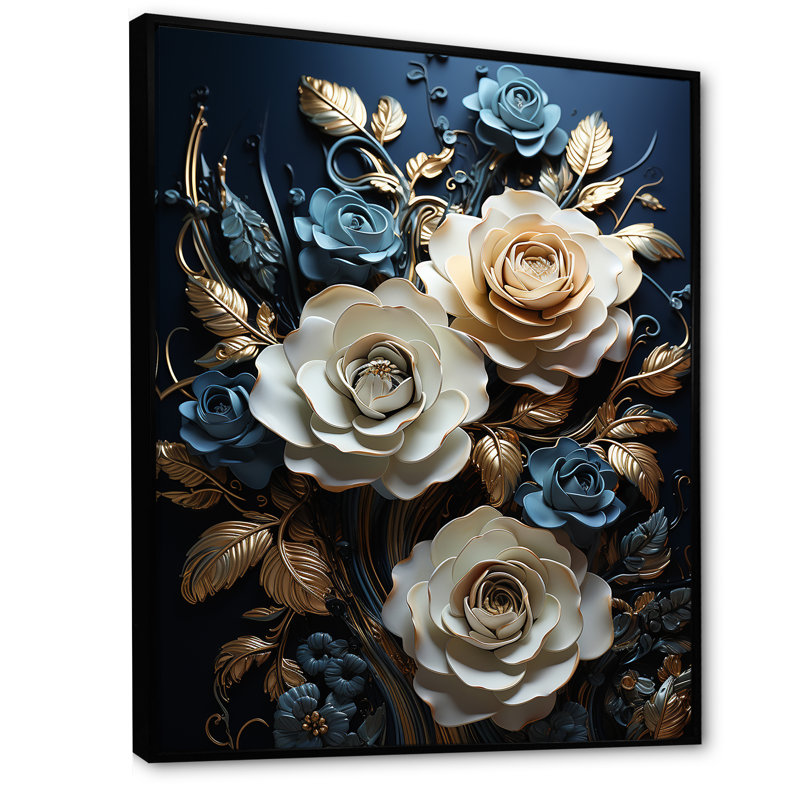 "Blue and White Roses Moonlight Grace III", reproduction d'art sur toile, Cadre flottant noir, 32" H x 24" W