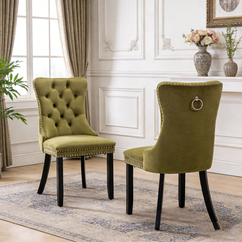 Chaise rembourrée en bois massif, Vert olive