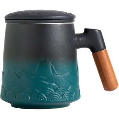 Tea Cup With Infuser And Lid For Loose Leaf Steeping, Embossed Ceramic Tea Infuser Mug, Wood Handle Tea Diffuser, Great Gift