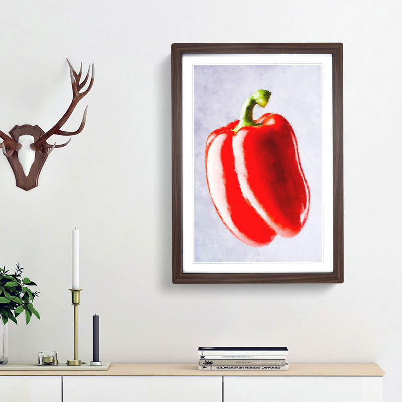 Lone Red Bell Pepper - Framed Print, 63cm H x 45cm W x 2cm D, Walnut Framed