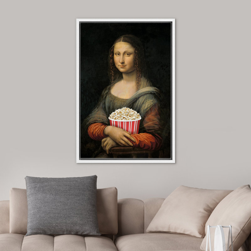 «Mona Lisa With Movie Popcorn», H 36 po x l 24 po, Cadre flottant blanc