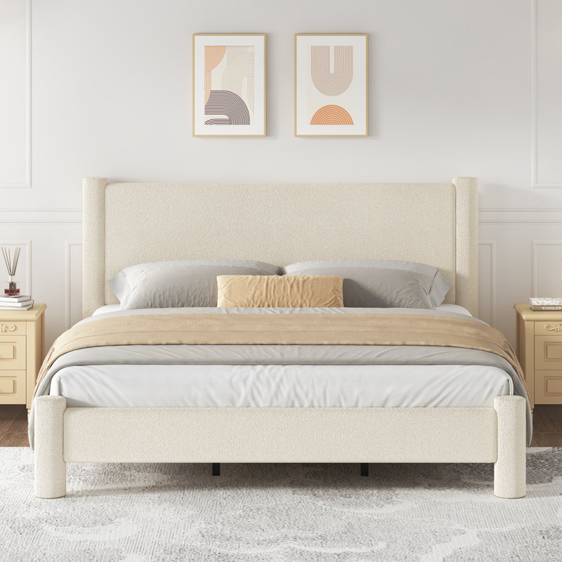 Bensu Boucle Upholstered Platform Bed with Soft Rounded Corners, Cream, King