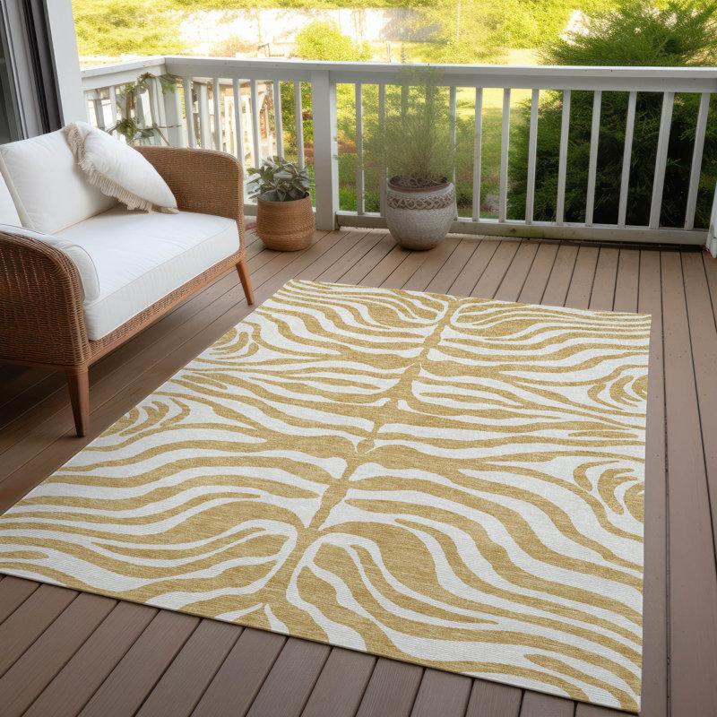 Gold and White Zebra Pattern Washable Synthetic Area Rug