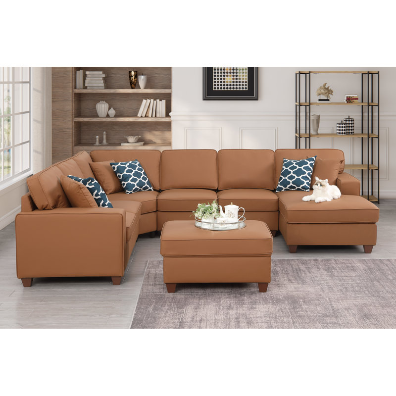 Canapé modulaire en cuir artificiel avec repose-pieds, Cuir artificiel brun