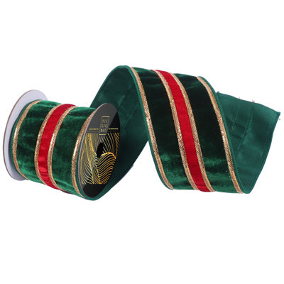 4" x 5yd Wired Ribbon with Red Velvet and Gold Center and Line Trim. Backing. Measuring 4 inches in width and 5 yards in length, it's perfect for a variety of festive projects.