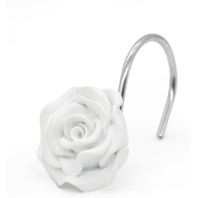 Shower Curtain Hooks, Home Decorative Rustproof Shower Curtain Hooks Resin Rose Flower Shower Hooks Rings For Bathroom Shower Rods Curtains,Set Of 12 Hooks (White)