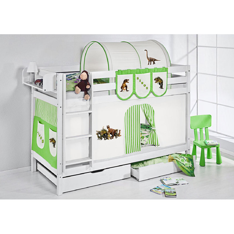 Dinos Bunk Bed with Curtain, Single (3'), Green/Beige
