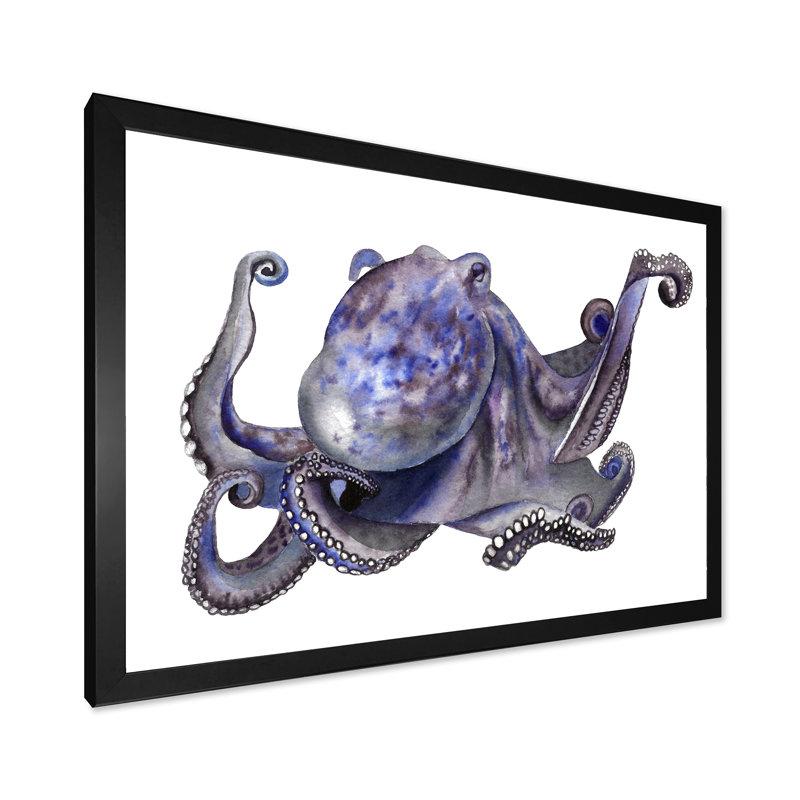 «Cute Blue Octopus», art mural sur toile nautique et côtier, H 8 po x l 12 po x P 1 po, Cadre photo noir