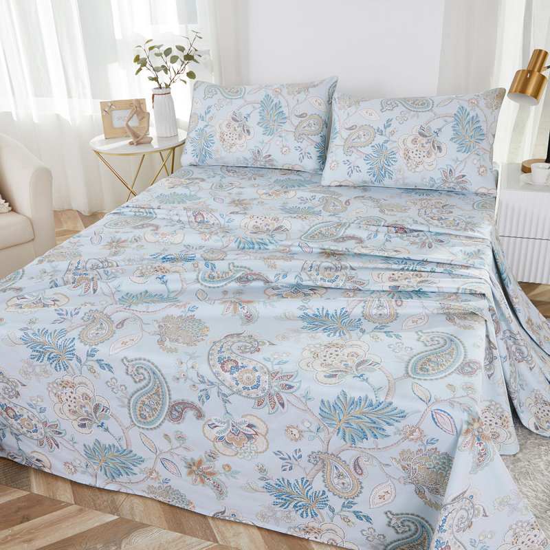 100% Egyptian Cotton Fitted Sheet Set, 4pcs 800 Thread CountLuxury Classic Blue Boho Damask Paisley Bedding Set, For Bedroom Guest Room All Seasons