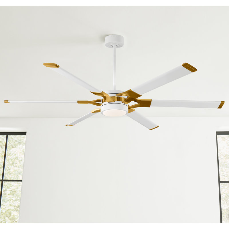 LED Downrod Ceiling Fan, 62 inches, Matte White/Burnished Brass with White Blades