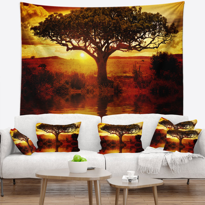 Arbre à coucher de soleil tapisserie, H 50 po x l 60 po